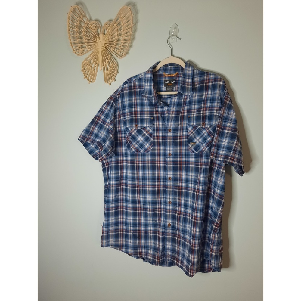 Ariat Rebar Mens XXL Blue Plaid Short Sleeve Button Down Work Shirt